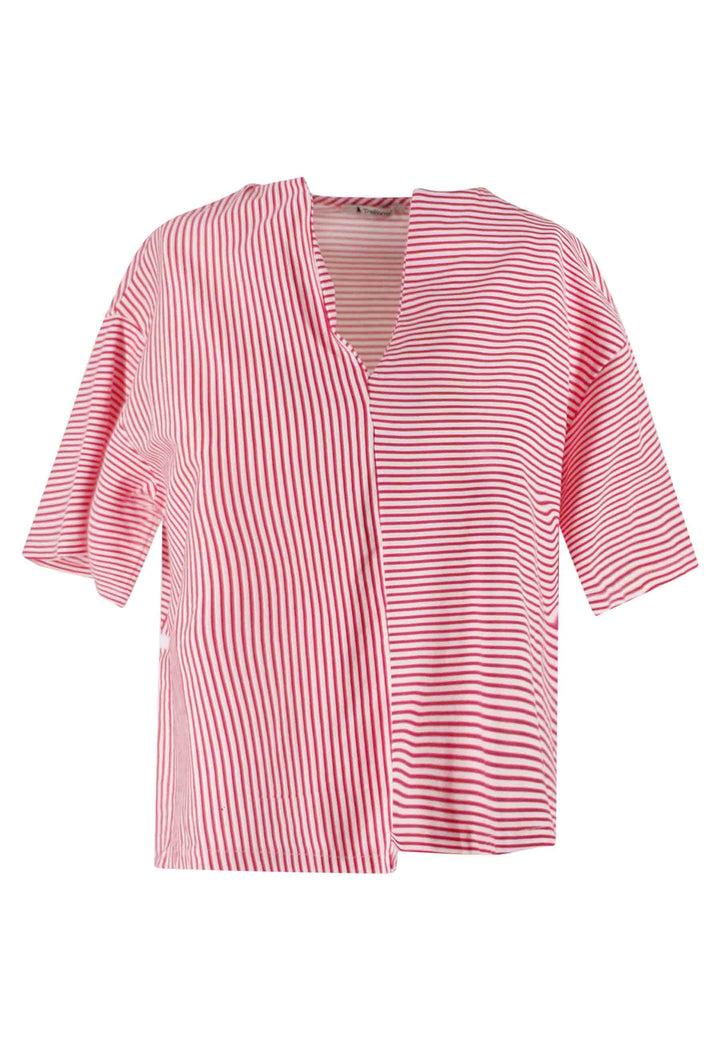 Spatarella T-shirt Donna Tita In Cotone Bianco E Rosso A Righe E Scollo A V