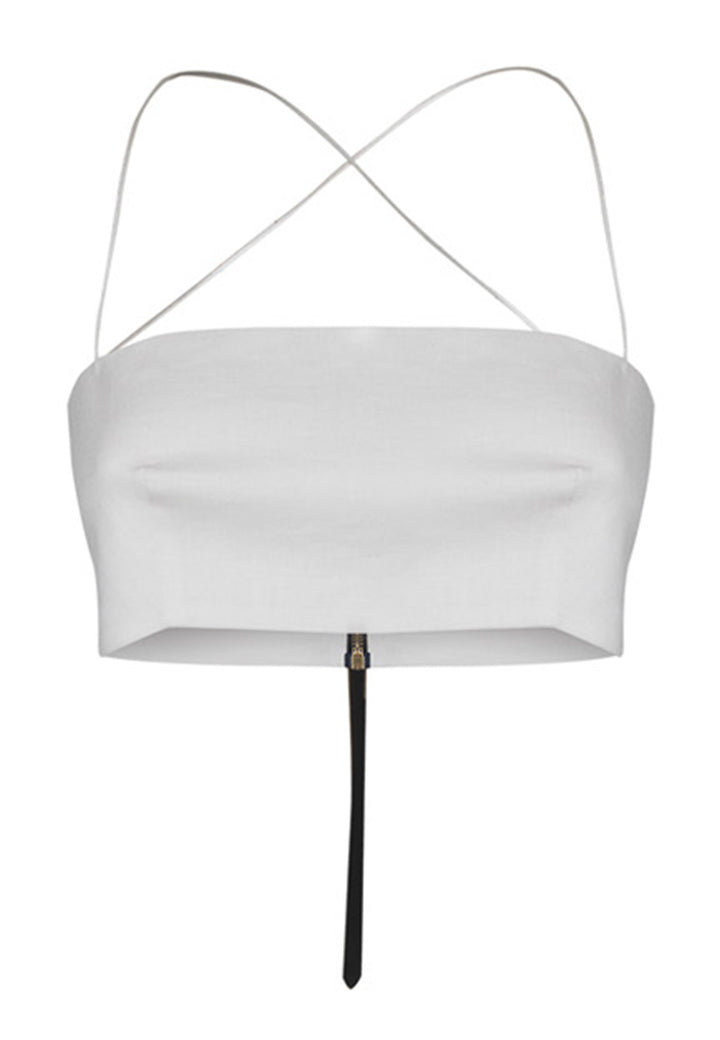 Spatarella Top Crop Donna In Lino Bianco Con Spalline Incrociate