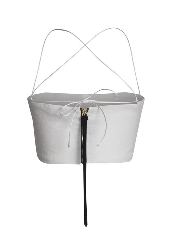 Spatarella Top Crop Donna In Lino Bianco Con Spalline Incrociate