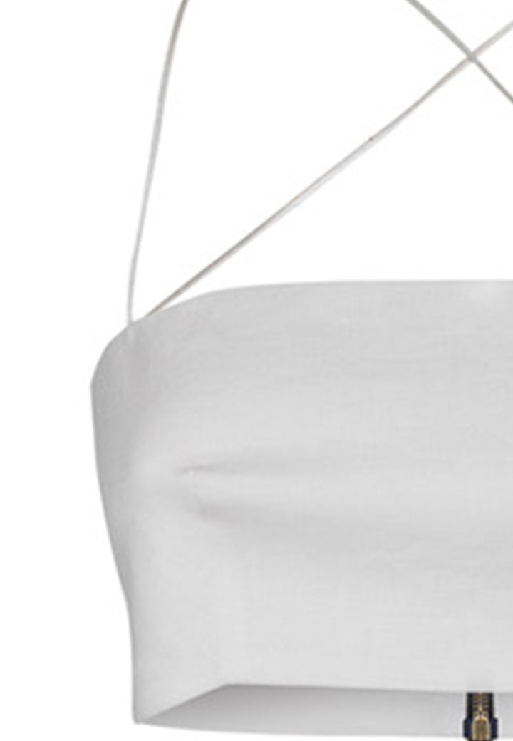 Spatarella Top Crop Donna In Lino Bianco Con Spalline Incrociate