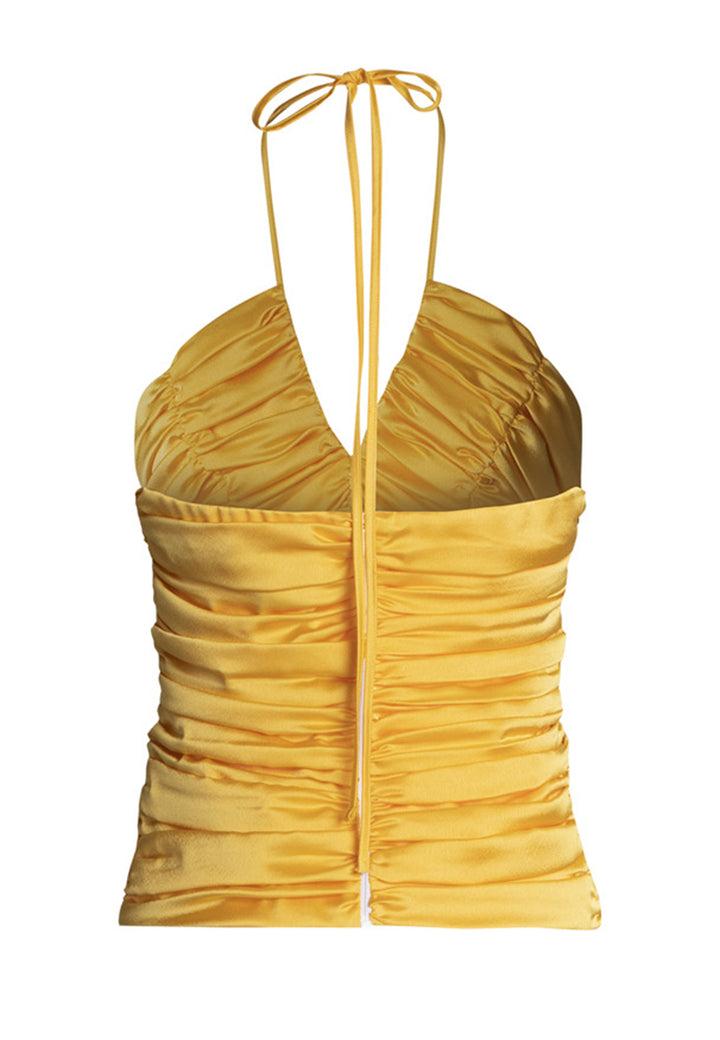 Spatarella Top Donna Corto In Tessuto Giallo Con Drappeggio Centrale E Scollo A V