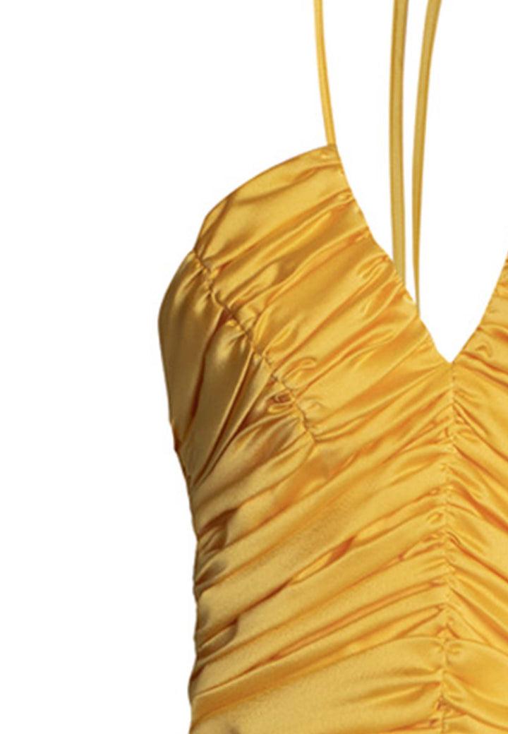 Spatarella Top Donna Corto In Tessuto Giallo Con Drappeggio Centrale E Scollo A V