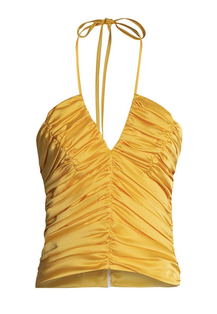 Spatarella Top Donna Corto In Tessuto Giallo Con Drappeggio Centrale E Scollo A V