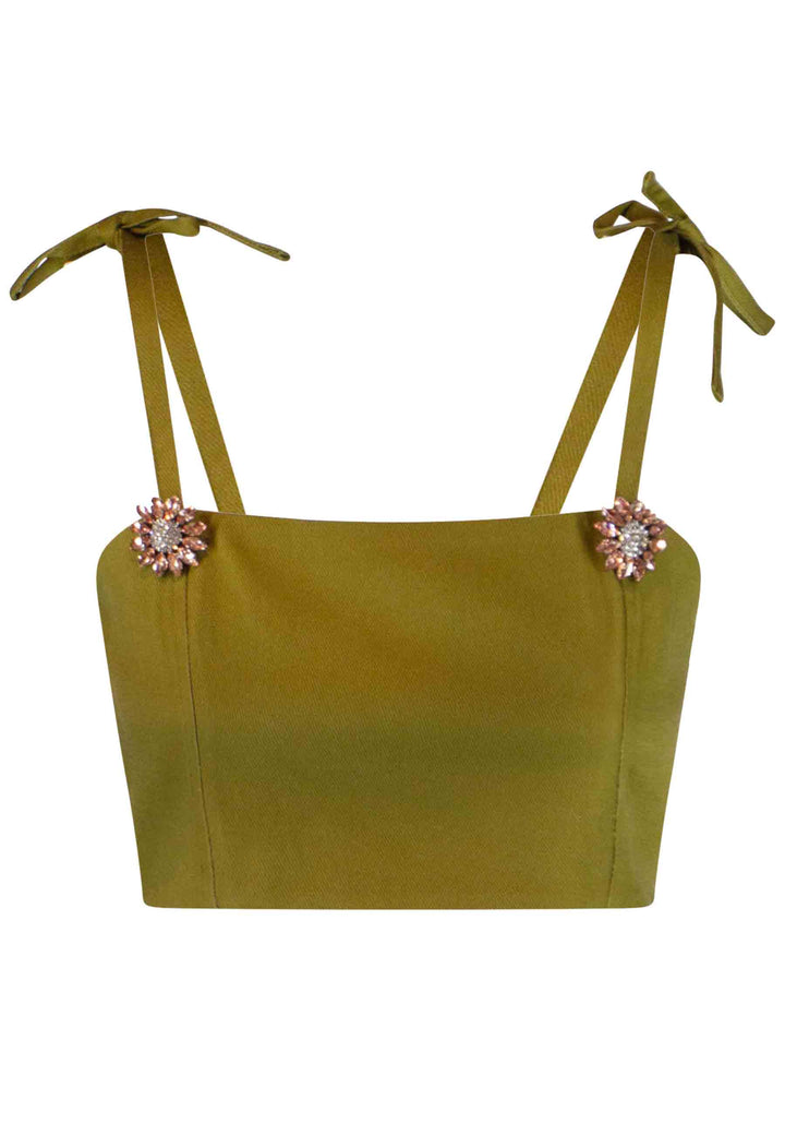 Spatarella Top Donna In Cotone Verde Con Bretelline E Laccetti E Bottoni Gioiello