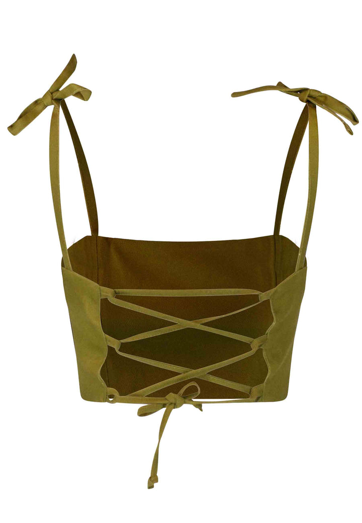 Spatarella Top Donna In Cotone Verde Con Bretelline E Laccetti E Bottoni Gioiello