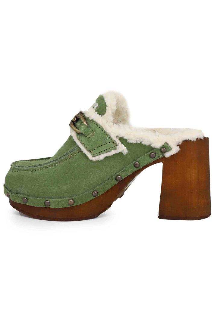 Spatarella Zoccoli Donna In Camoscio Verde Con Fodera In Eco Fur E Tacco Alto