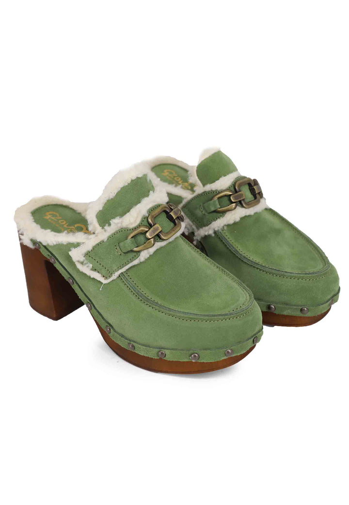 Spatarella Zoccoli Donna In Camoscio Verde Con Fodera In Eco Fur E Tacco Alto