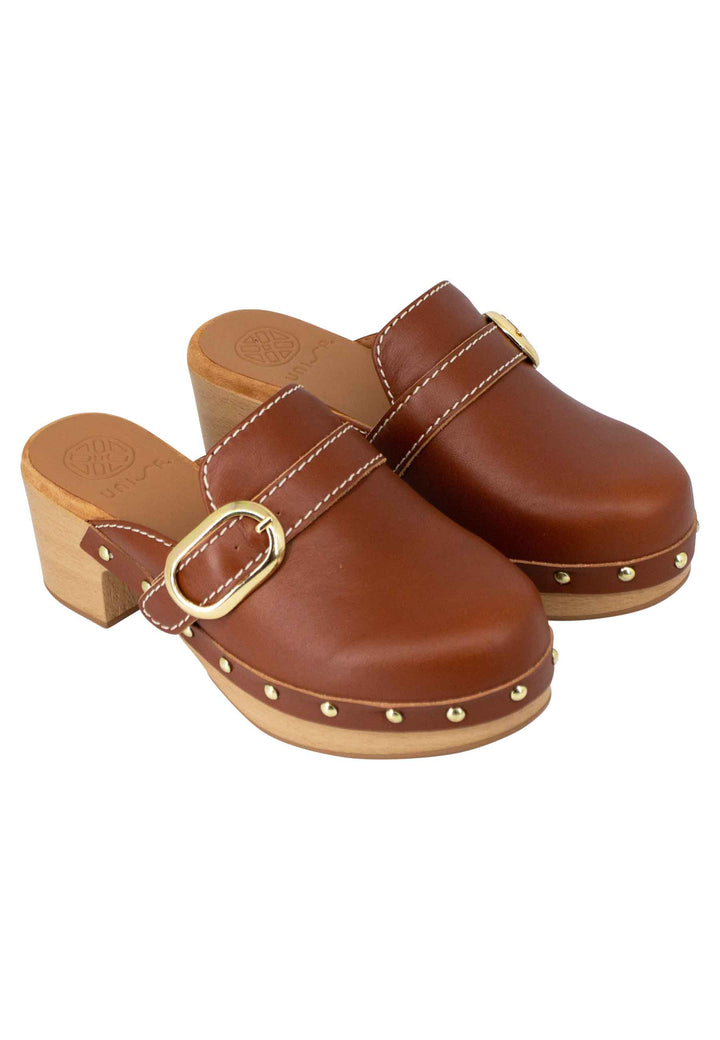 Spatarella Zoccoli Donna In Pelle Cuoio Con Fibbia Laterale E Punta Chiusa