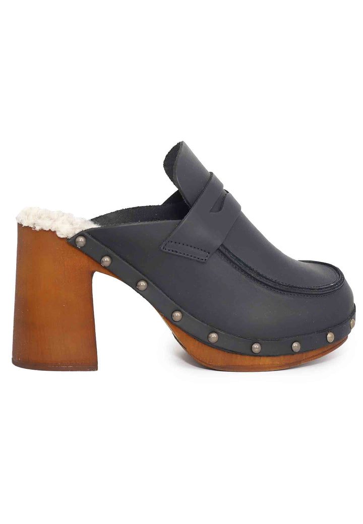 Spatarella Zoccoli Donna In Pelle Nera Con Sottopiede In Eco Fur E Tacco Alto