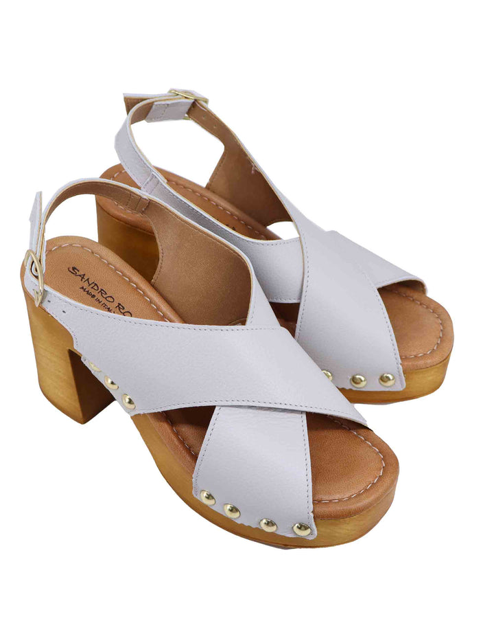 Spatarella Zoccoli Slingback Donna In Pelle Bianca Con Fibbie Oro E Tacco Alto