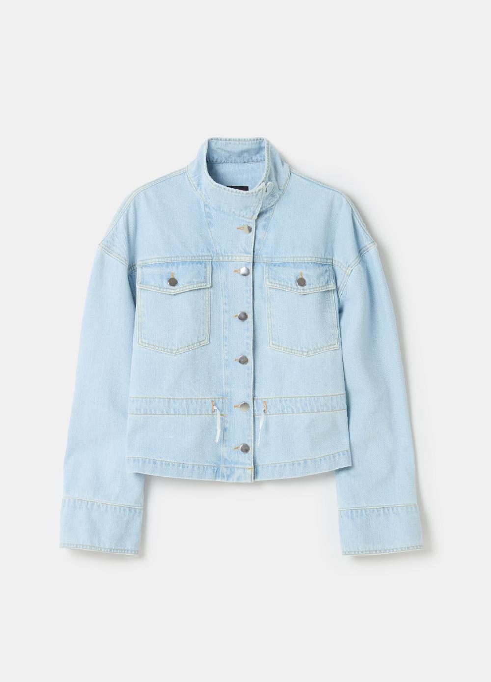 Stefanel Giubbino Corto Over In Denim A Collo Alto