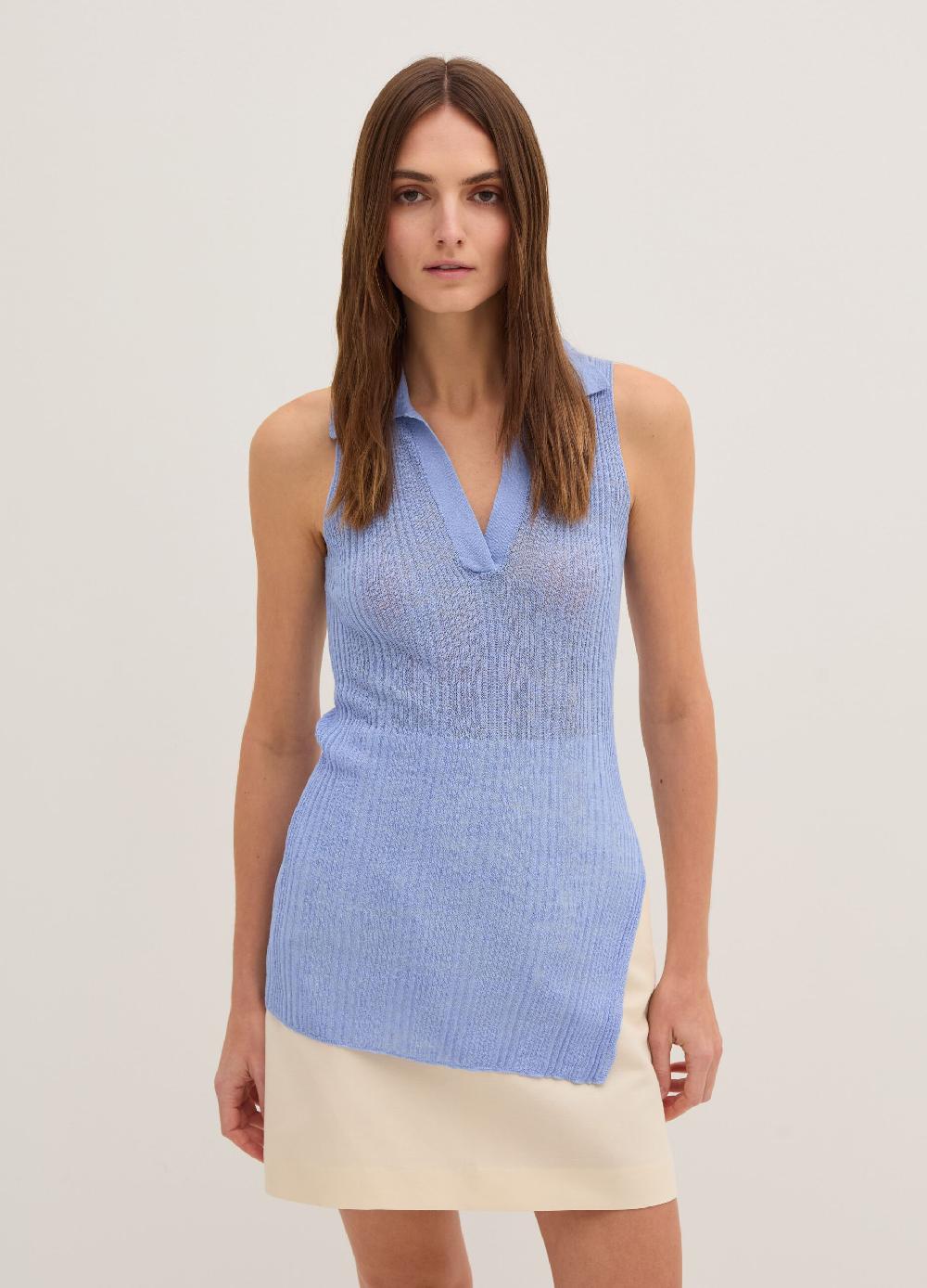 Stefanel Top smanicato a costine con scollo a polo