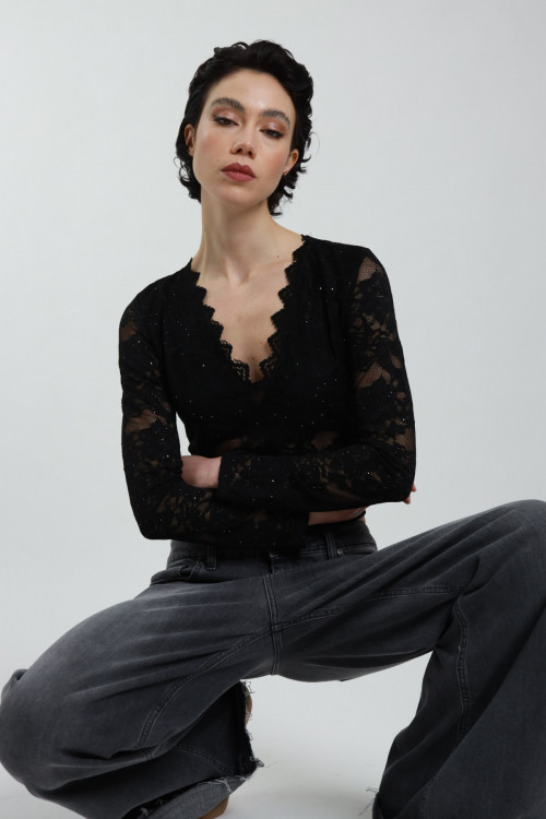 Susy Mix Maglia Pizzo Scollo V Con Paillettes