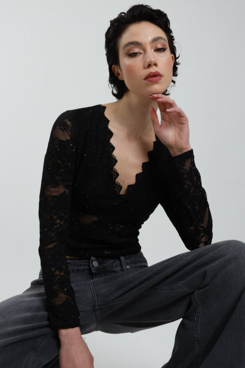 Susy Mix Maglia Pizzo Scollo V con Paillettes