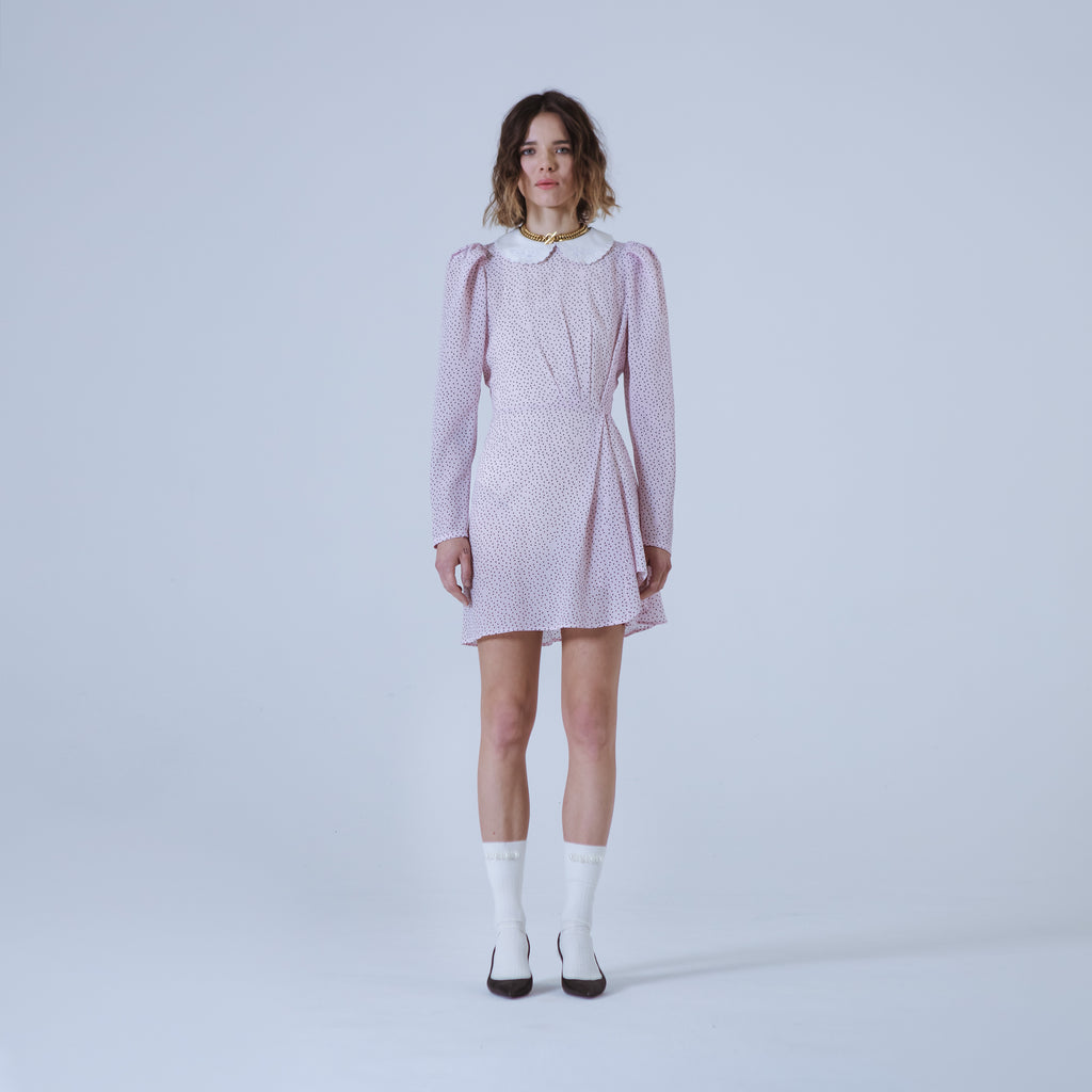 Sveta Milano Abito Corto A Pois Columbia Con Colletto Ricamato