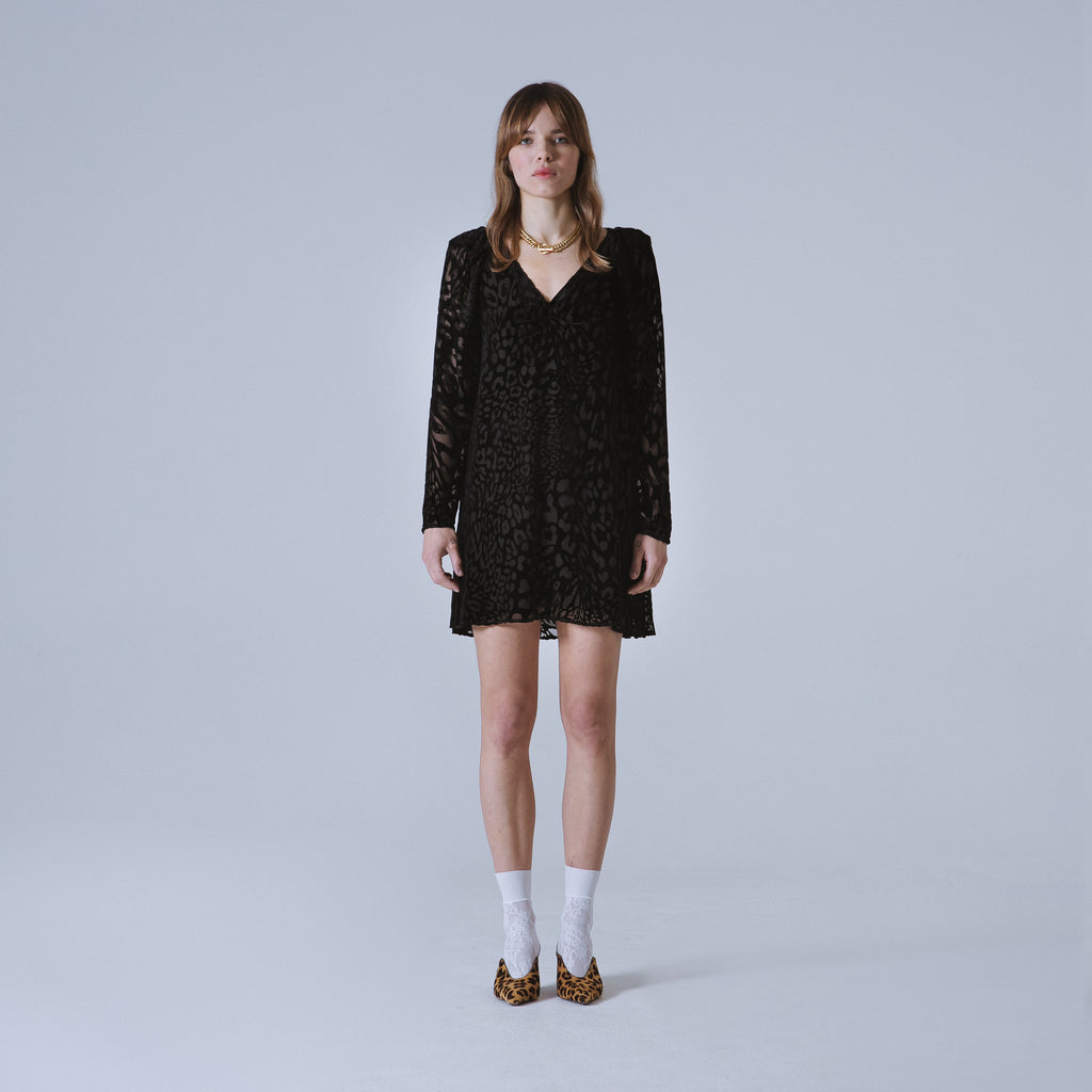 Sveta Milano Abito Yale Con Motivo Leopardo Su Velluto Nero