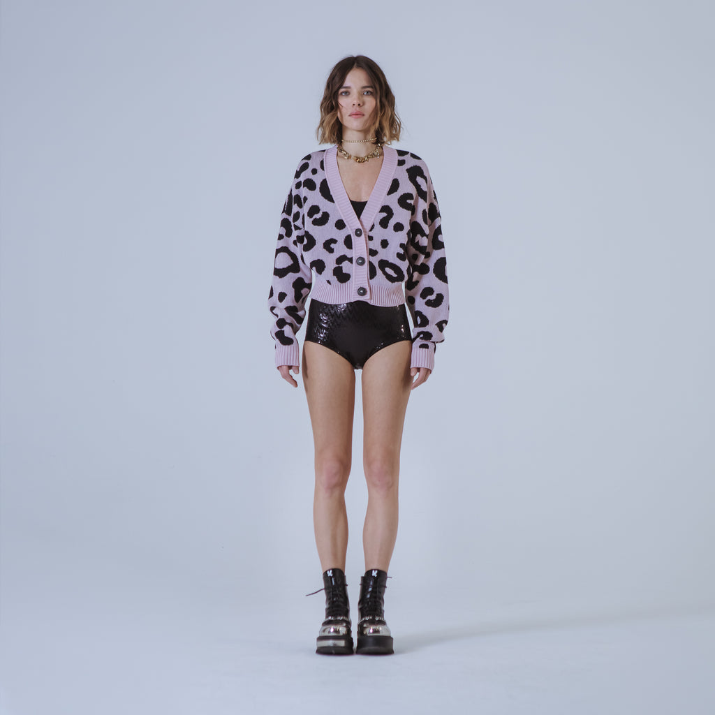 Sveta Milano Cardigan Corto Jacquard Dakota In Rosa E Nero