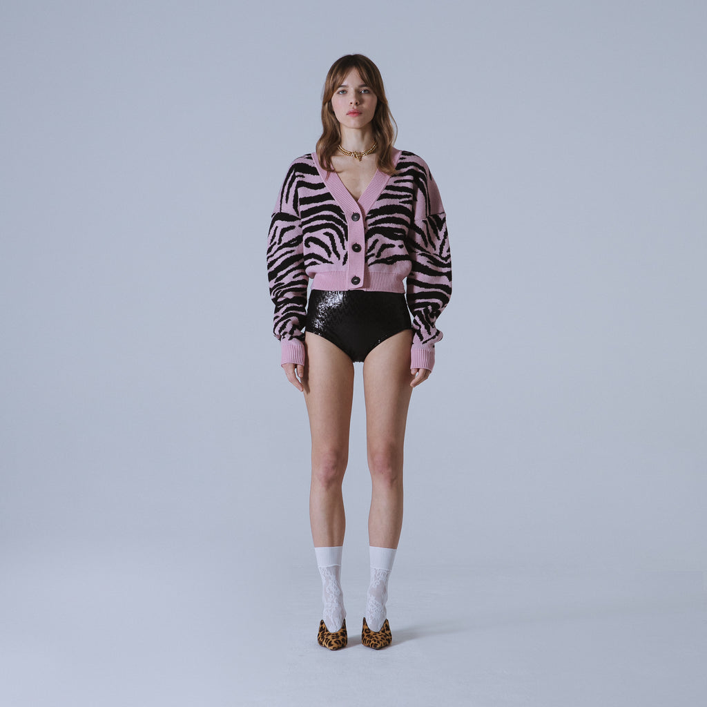 Sveta Milano Cardigan Corto Jacquard Dakota In Rosa E Nero