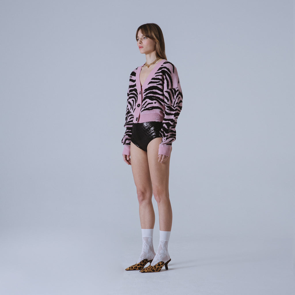 Sveta Milano Cardigan Corto Jacquard Dakota In Rosa E Nero