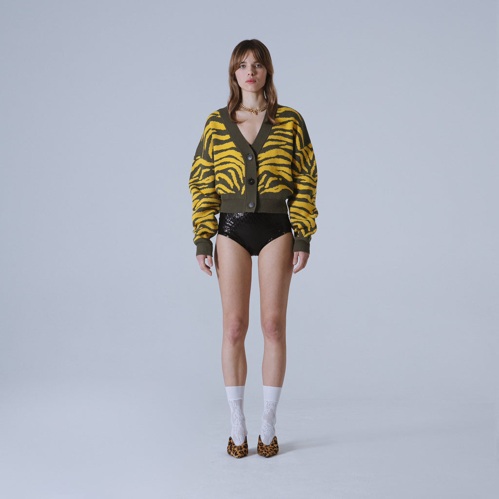 Sveta Milano Cardigan Corto Jacquard Dakota In Verde Militare E Giallo