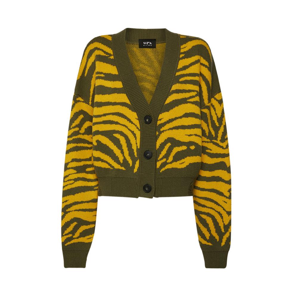Sveta Milano Cardigan corto jacquard Dakota in verde militare e giallo