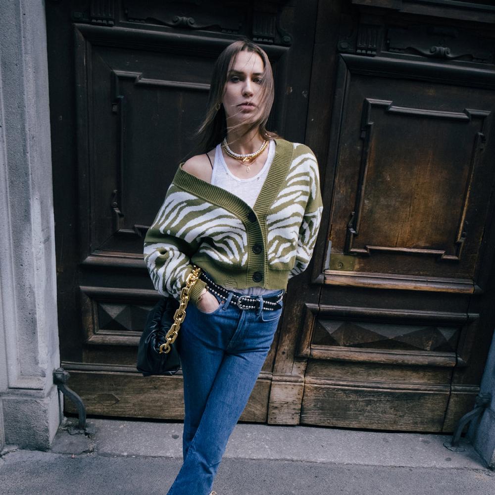 Sveta Milano Cardigan Corto Jacquard Janis In Verde Militare E Bianco