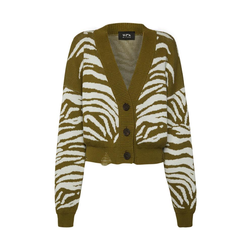Sveta Milano Cardigan corto jacquard Janis in verde militare e bianco