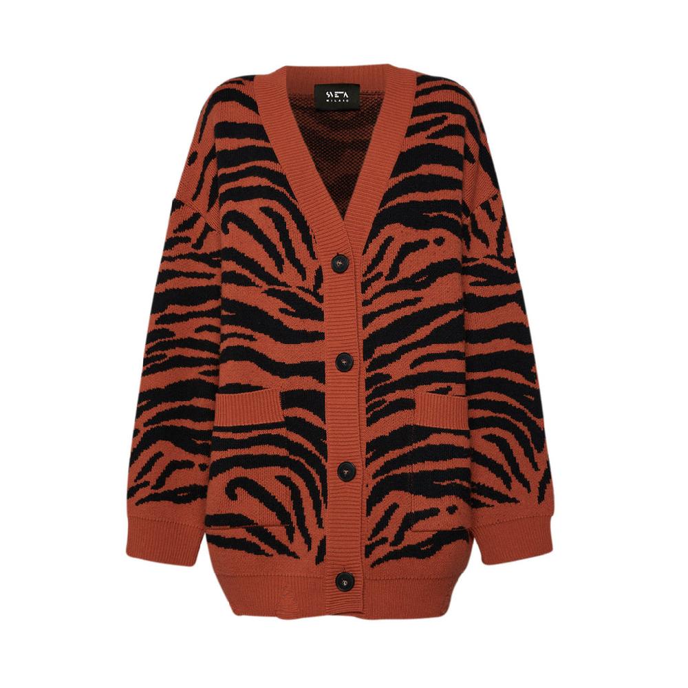 Sveta Milano Cardigan lungo jacquard Eléonore in arancione e nero