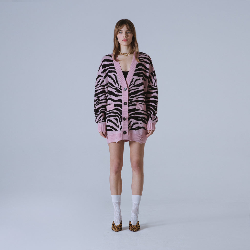 Sveta Milano Cardigan Lungo Jacquard Georgia In Rosa E Nero