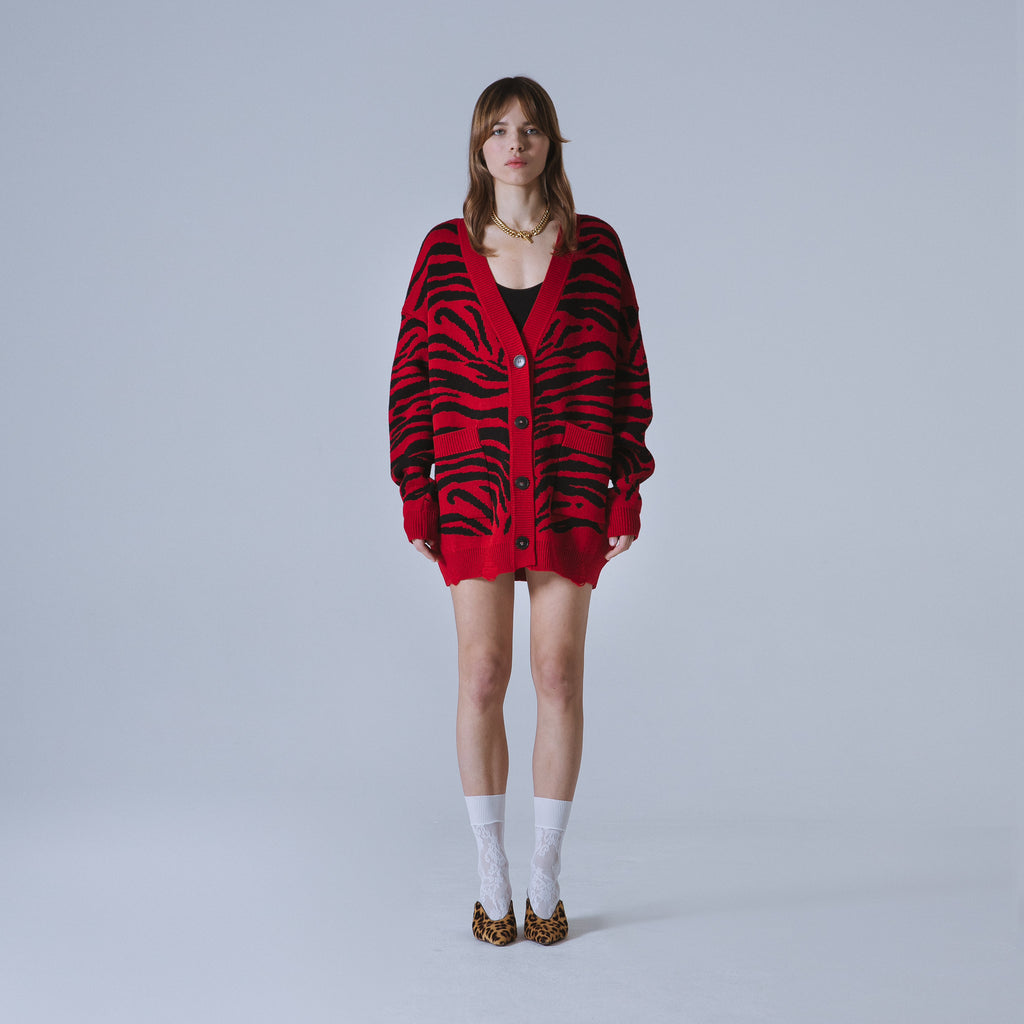 Sveta Milano Cardigan Lungo Jacquard Georgia In Rosso E Nero