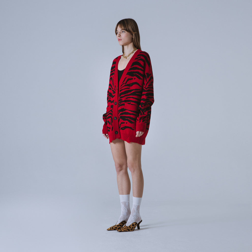 Sveta Milano Cardigan Lungo Jacquard Georgia In Rosso E Nero