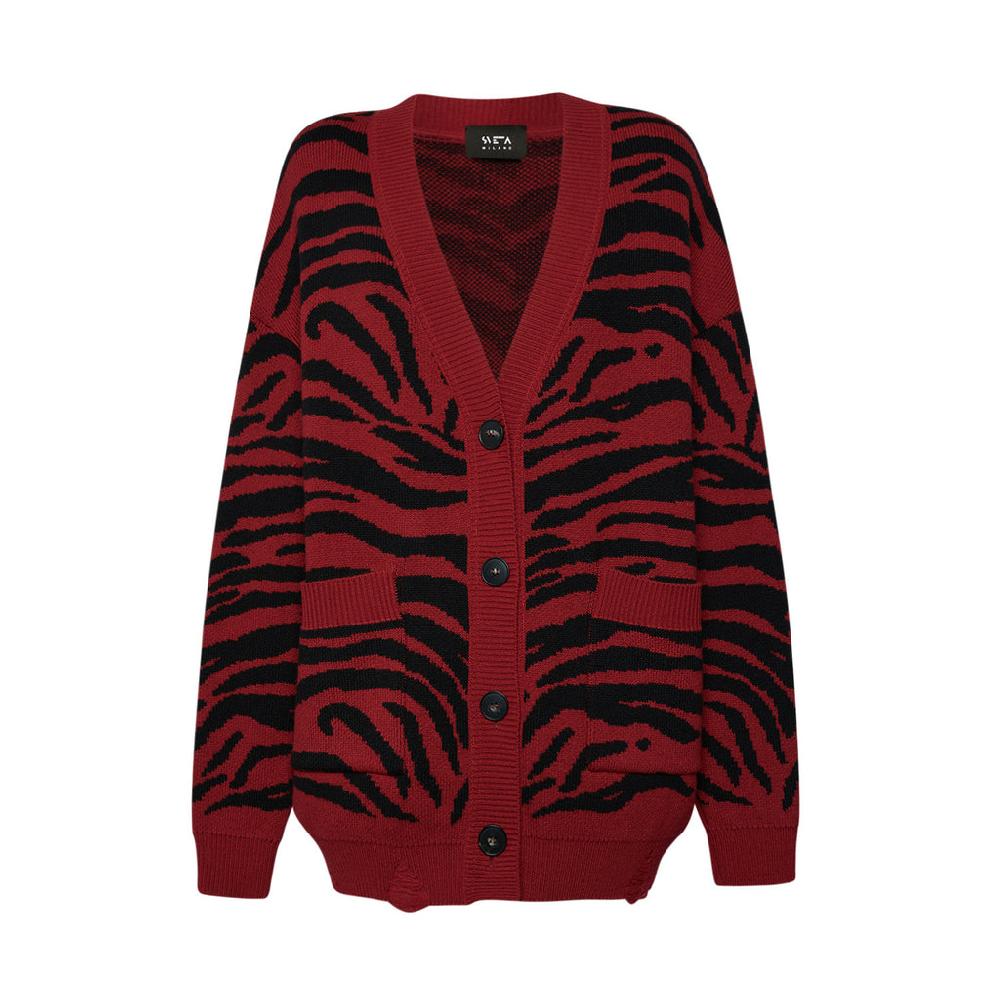 Sveta Milano Cardigan lungo jacquard Georgia in rosso e nero