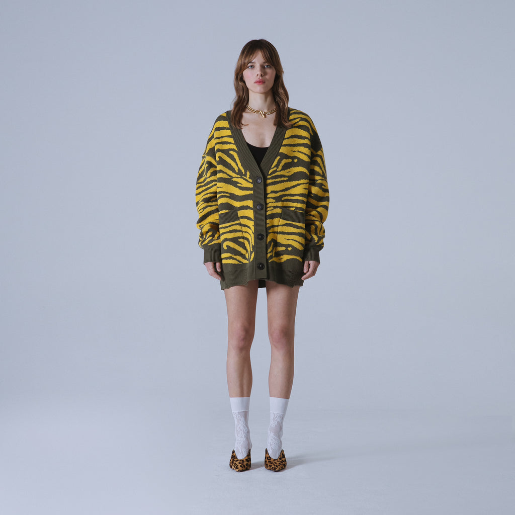 Sveta Milano Cardigan Lungo Jacquard Georgia In Verde E Giallo