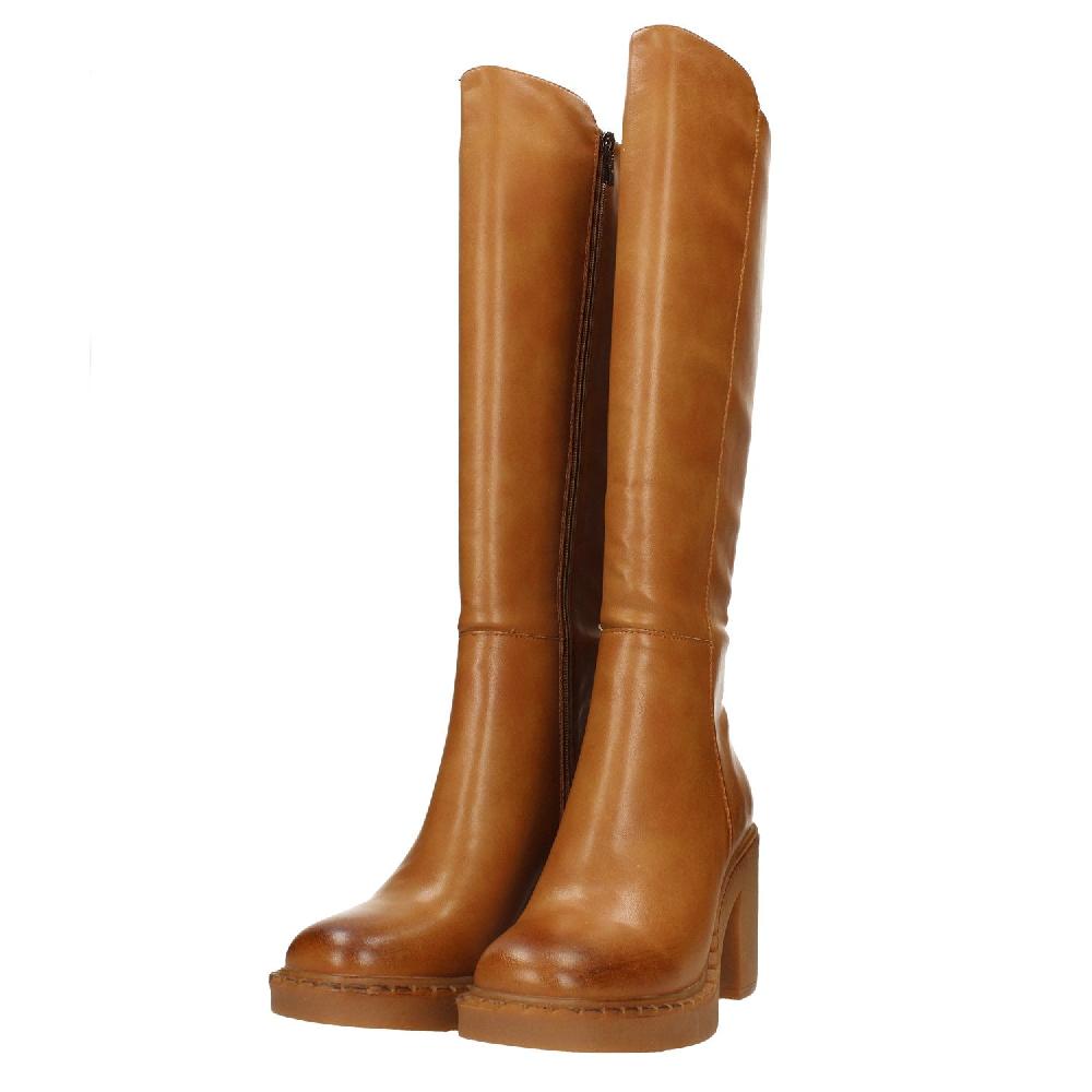 Tata Italia Stivali Cuoio Platform Con Punta Squadrata. Tacco Largo Alto 8cm