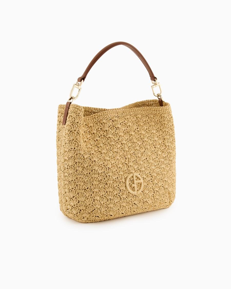 The World Of Armani BORSA A SPALLA MEDIA IN RAFIA PUNTO VENTAGLIO E PELLE