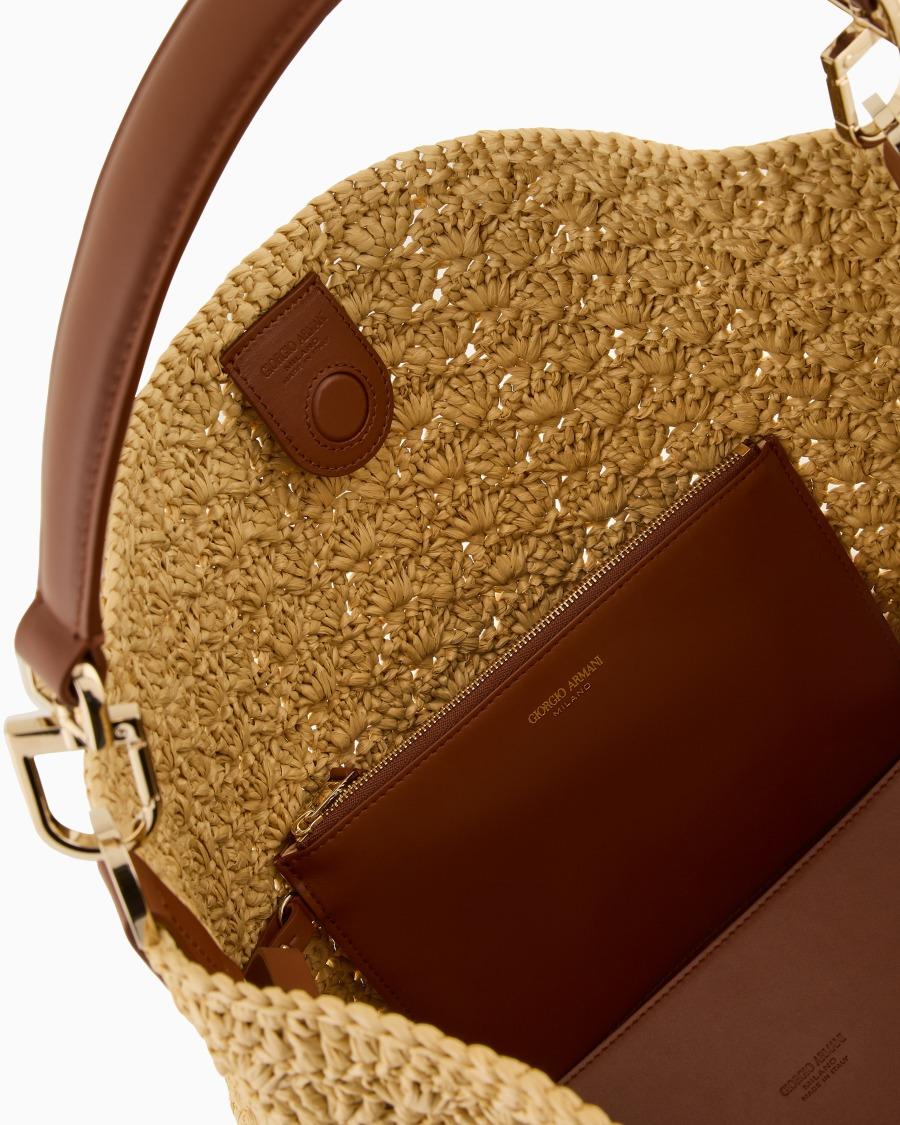 The World Of Armani BORSA A SPALLA MEDIA IN RAFIA PUNTO VENTAGLIO E PELLE