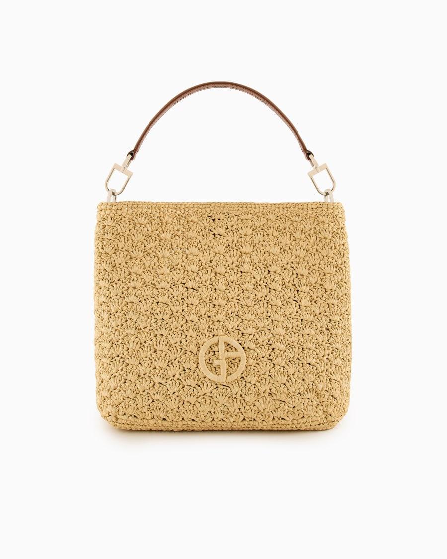 The world of armani BORSA A SPALLA MEDIA IN RAFIA PUNTO VENTAGLIO E PELLE