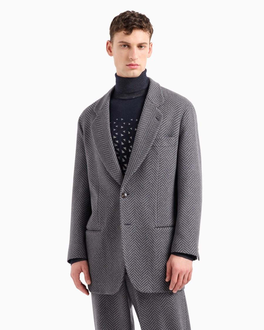 The World Of Armani GIACCA LINEA HERITAGE MONOPETTO IN LANA VERGINE E CASHMERE JACQUARD CHEVRON