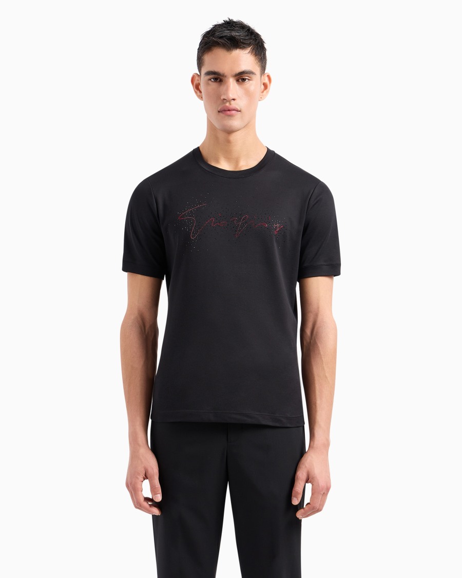 The World Of Armani GIORGIO'S T-SHIRT GIROCOLLO IN JERSEY DI COTONE CON RICAMO CRISTALLI