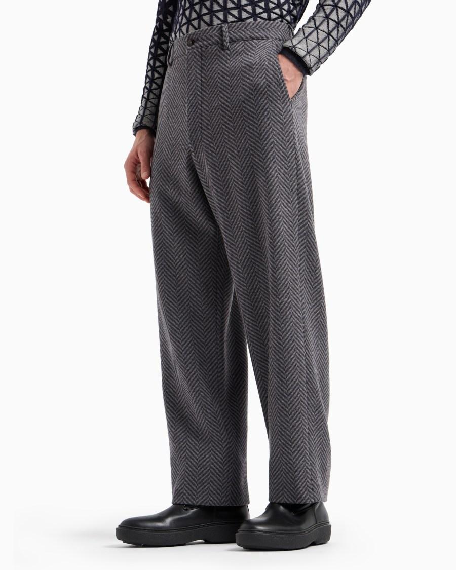 The World Of Armani PANTALONI FLAT FRONT IN LANA VERGINE E CASHMERE JACQUARD CHEVRON
