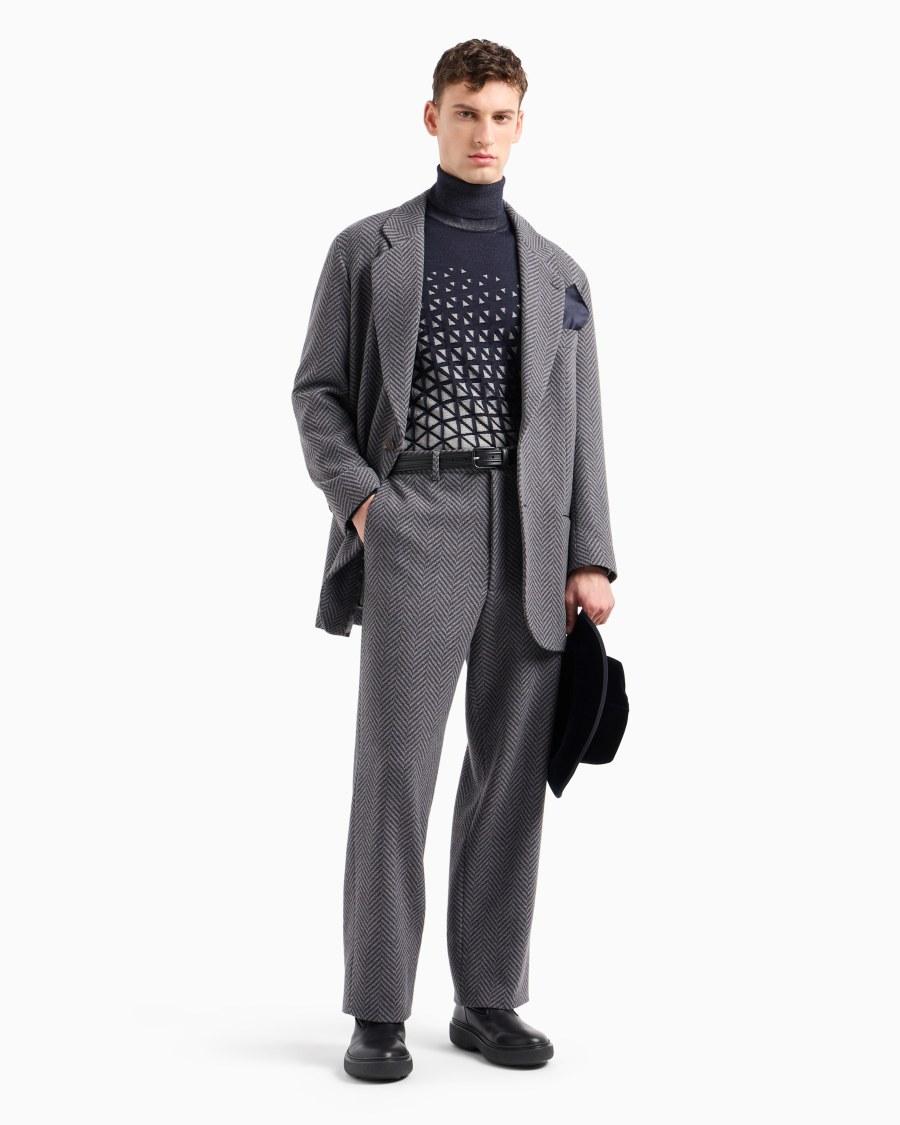 The World Of Armani PANTALONI FLAT FRONT IN LANA VERGINE E CASHMERE JACQUARD CHEVRON
