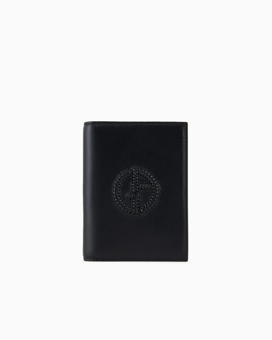 The world of armani PORTA PASSAPORTO BIFOLD IN PELLE CON LOGO RICAMATO