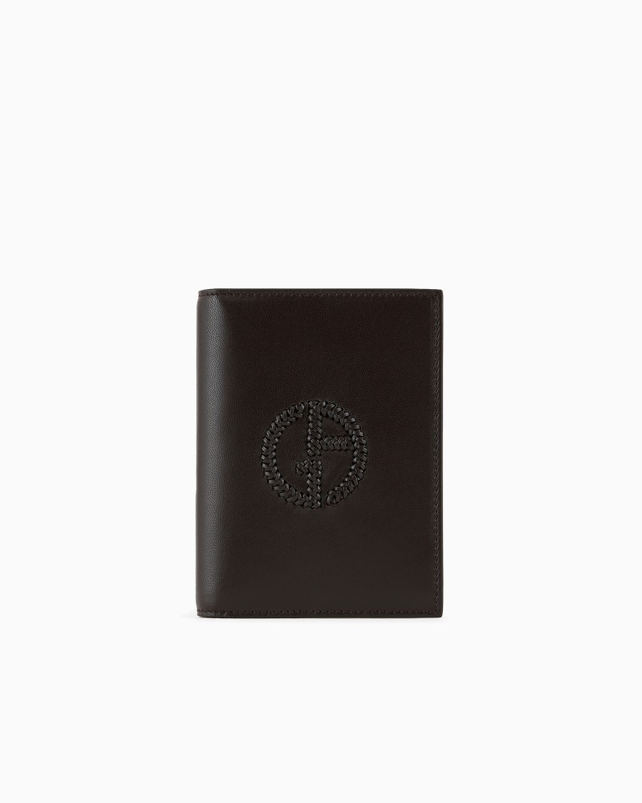 The world of armani PORTA PASSAPORTO BIFOLD IN PELLE CON LOGO RICAMATO