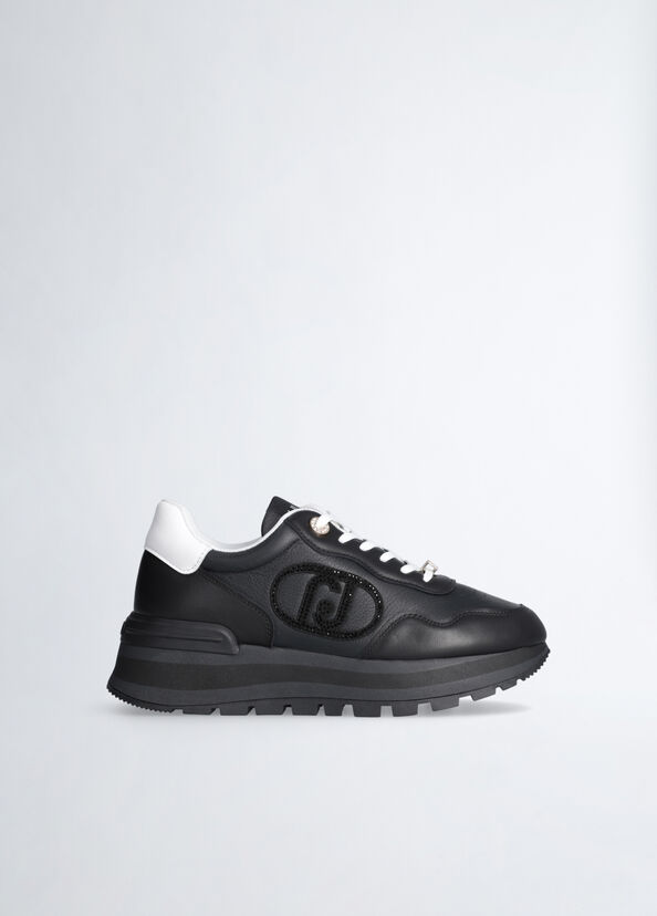 Liu Jo Sneakers Nere In Pelle Con Logo Gioiello