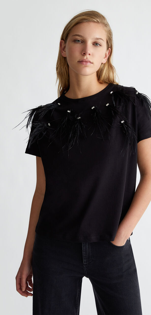 Liu Jo T-shirt con piume gioiello