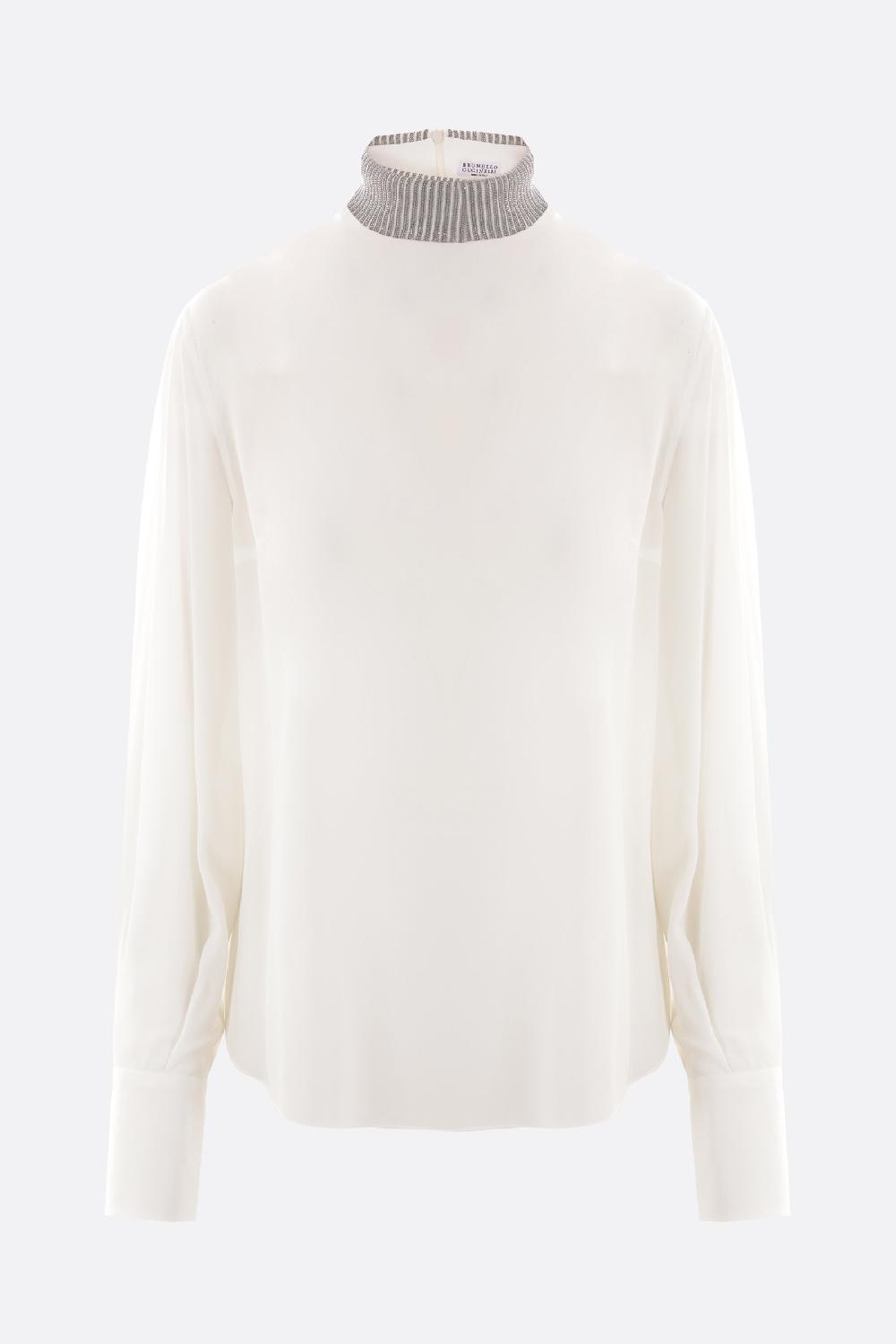 BRUNELLO CUCINELLI blusa in crepe de chine con Precious Ribbed Collar