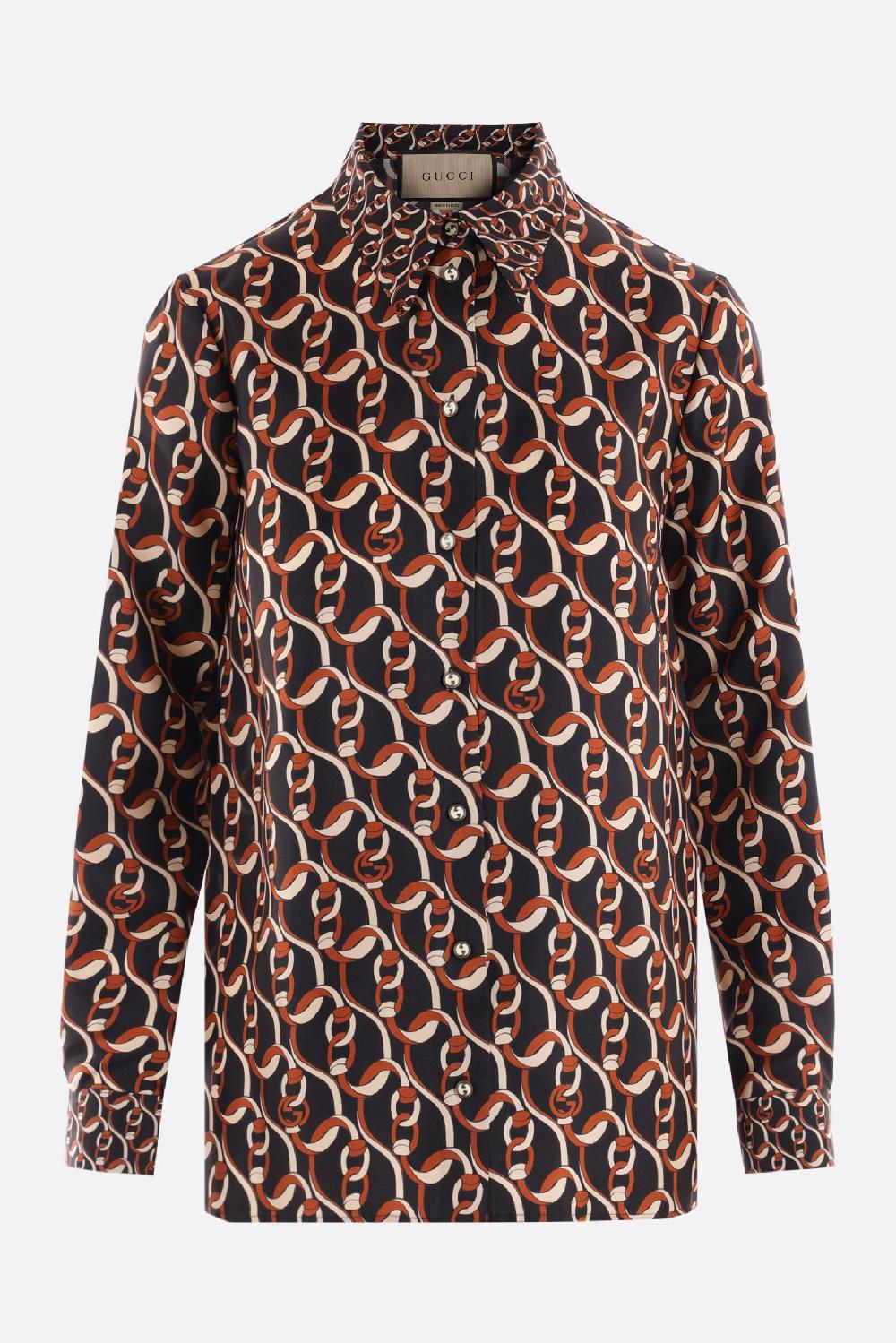 GUCCI camicia in twill di seta stampa catena Incrocio GG