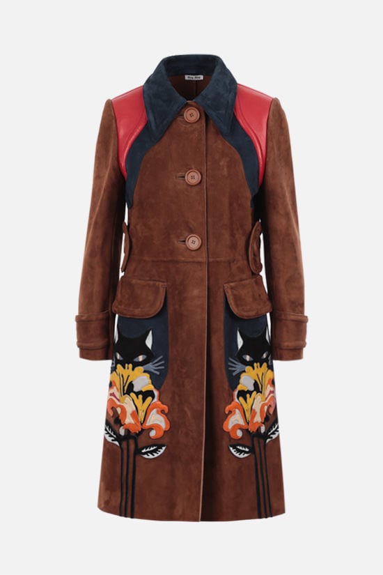 MIU MIU cappotto monopetto in suede con patch Fiori
