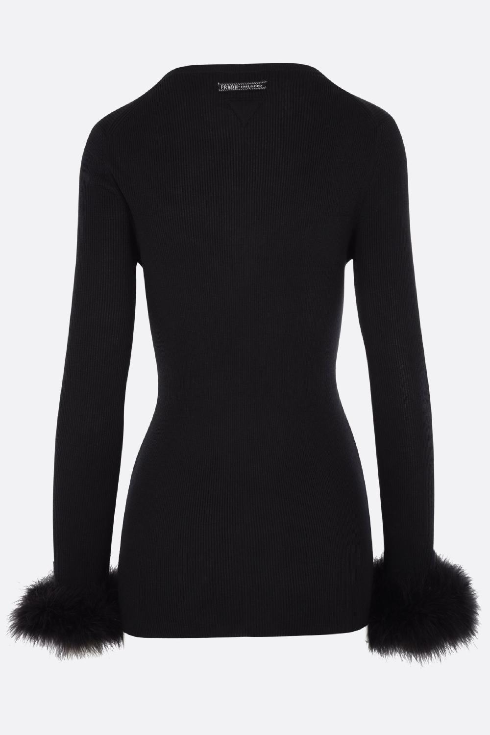 PRADA Cardigan In Maglia Di Seta Con Piume Ai Polsi