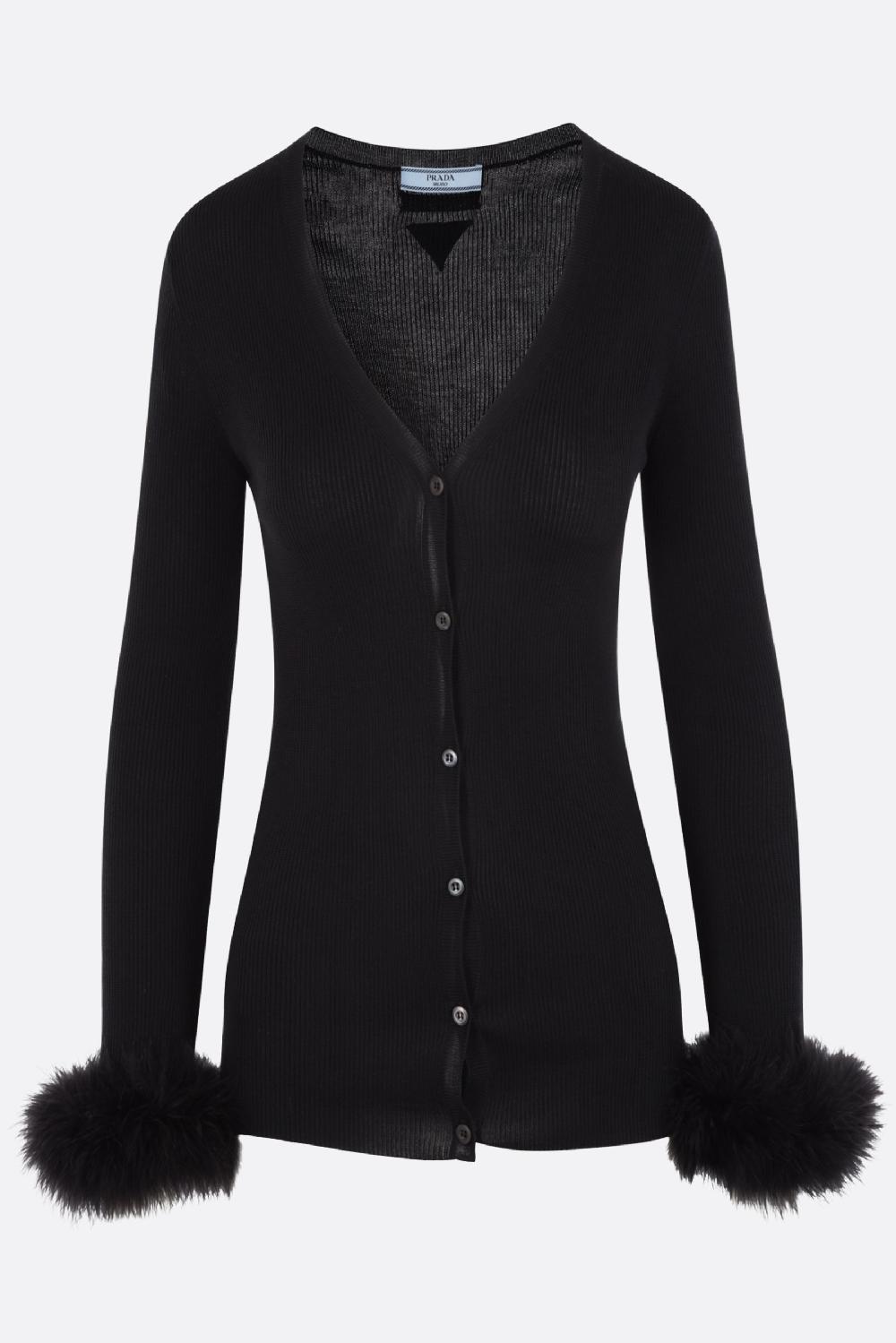 PRADA cardigan in maglia di seta con piume ai polsi